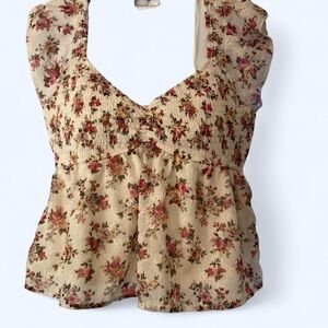 Cream and pink floral crop  top with ruffle details #floral M Thirty/Thirty